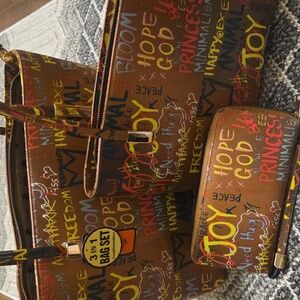 Tan multi-color graffiti Art Vegan Leather tote shopper set, Brand New.
